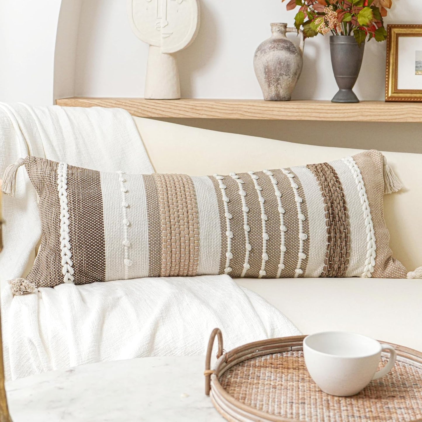 Gray Boho Lumbar Throw Pillow Cover 14x36 Grey Accent Long Body Lumbar Pillow for Bed Decorative Modern Bohemian Woven Textured Lumbar Pillow for Bed Cover ONLY