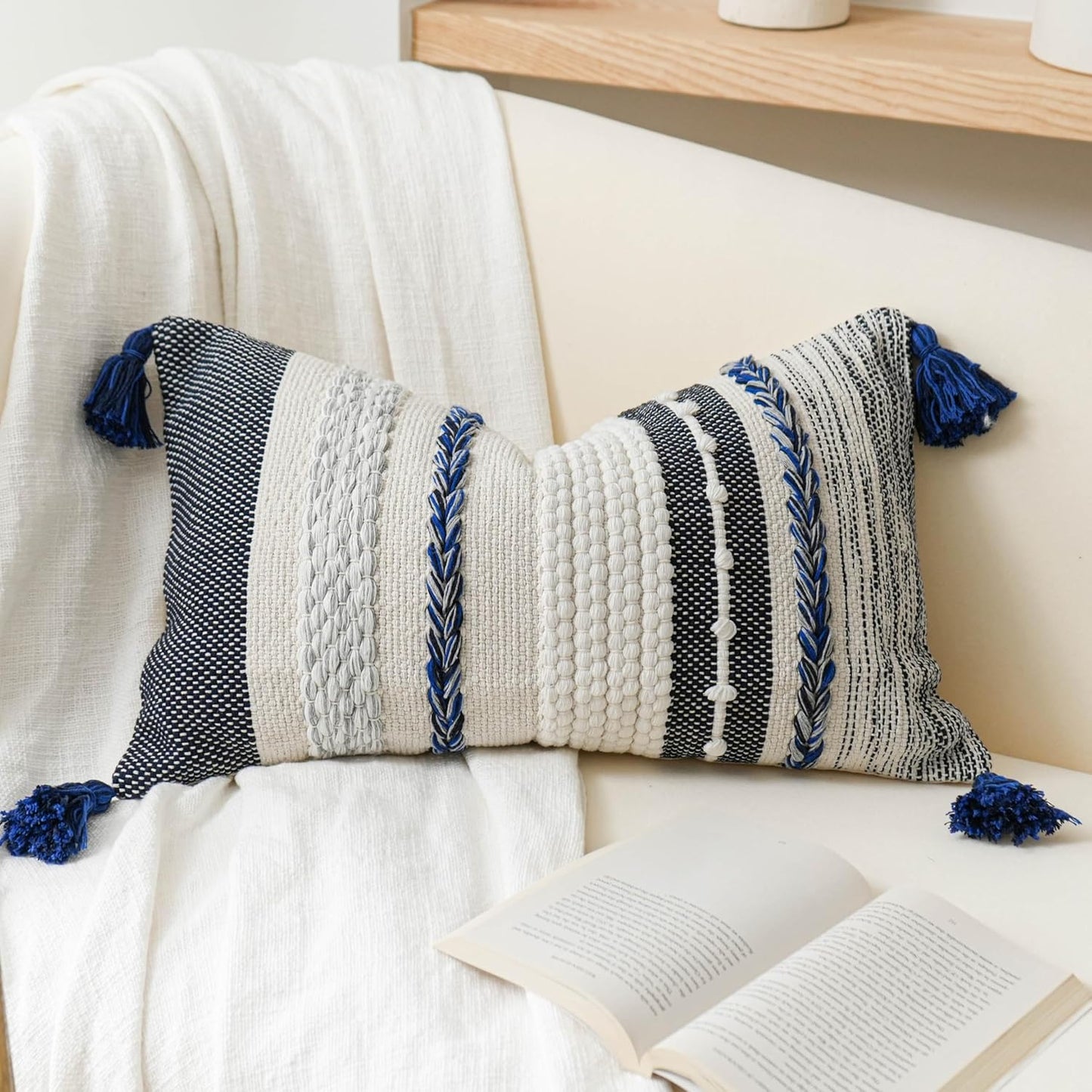Gray Boho Lumbar Throw Pillow Cover 14x36 Grey Accent Long Body Lumbar Pillow for Bed Decorative Modern Bohemian Woven Textured Lumbar Pillow for Bed Cover ONLY