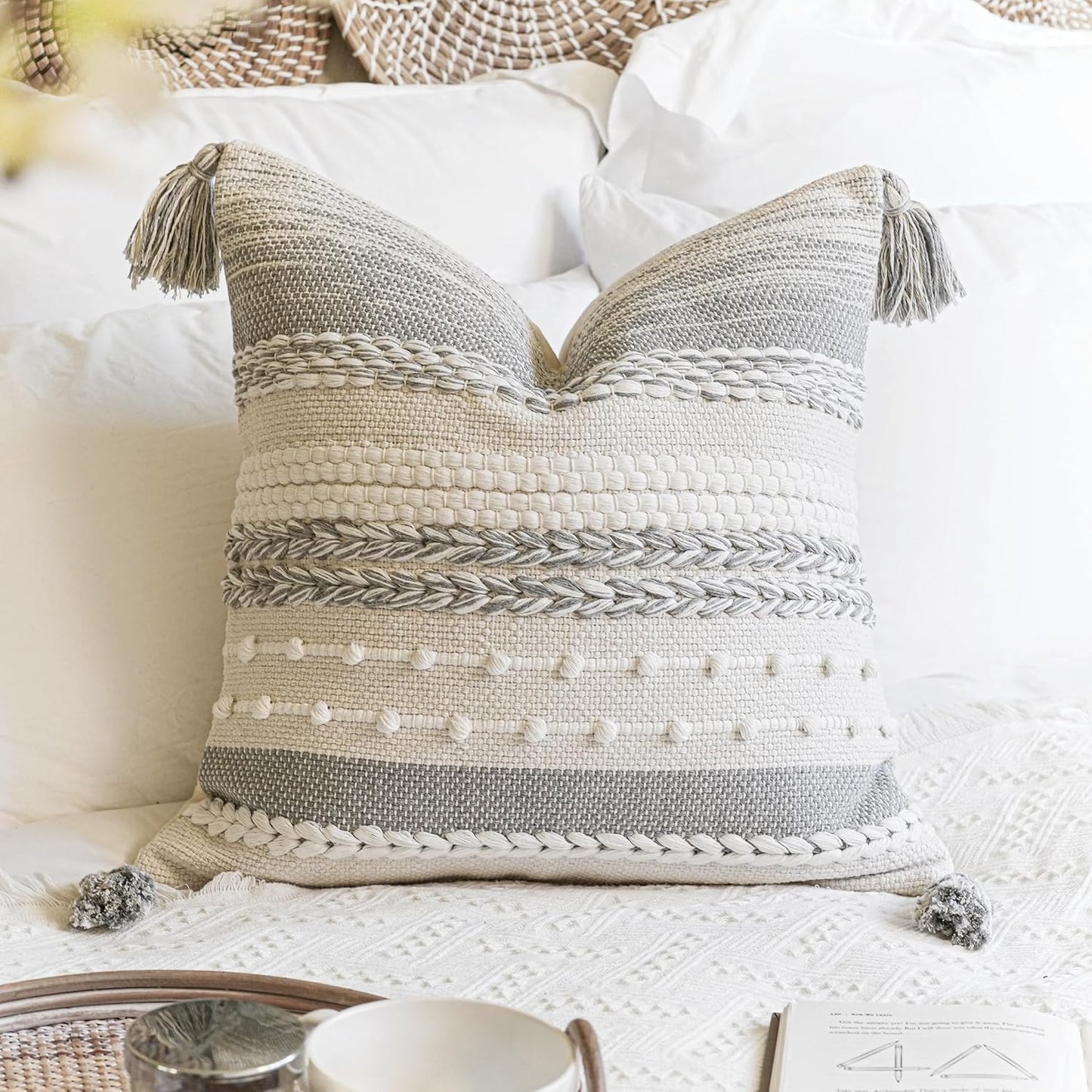 Gray Boho Lumbar Throw Pillow Cover 14x36 Grey Accent Long Body Lumbar Pillow for Bed Decorative Modern Bohemian Woven Textured Lumbar Pillow for Bed Cover ONLY