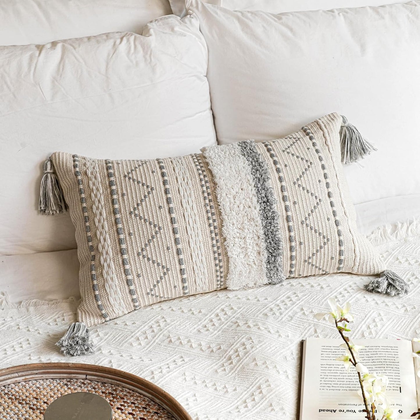 Decorative Throw Pillow Cover 20x20 Square Cream Neutral White Boho Accent Pillowcase Tassels Farmhouse Cushion for Couch Sofa Bedroom Living Room Home Décor (Cover ONLY, Pack of 1)
