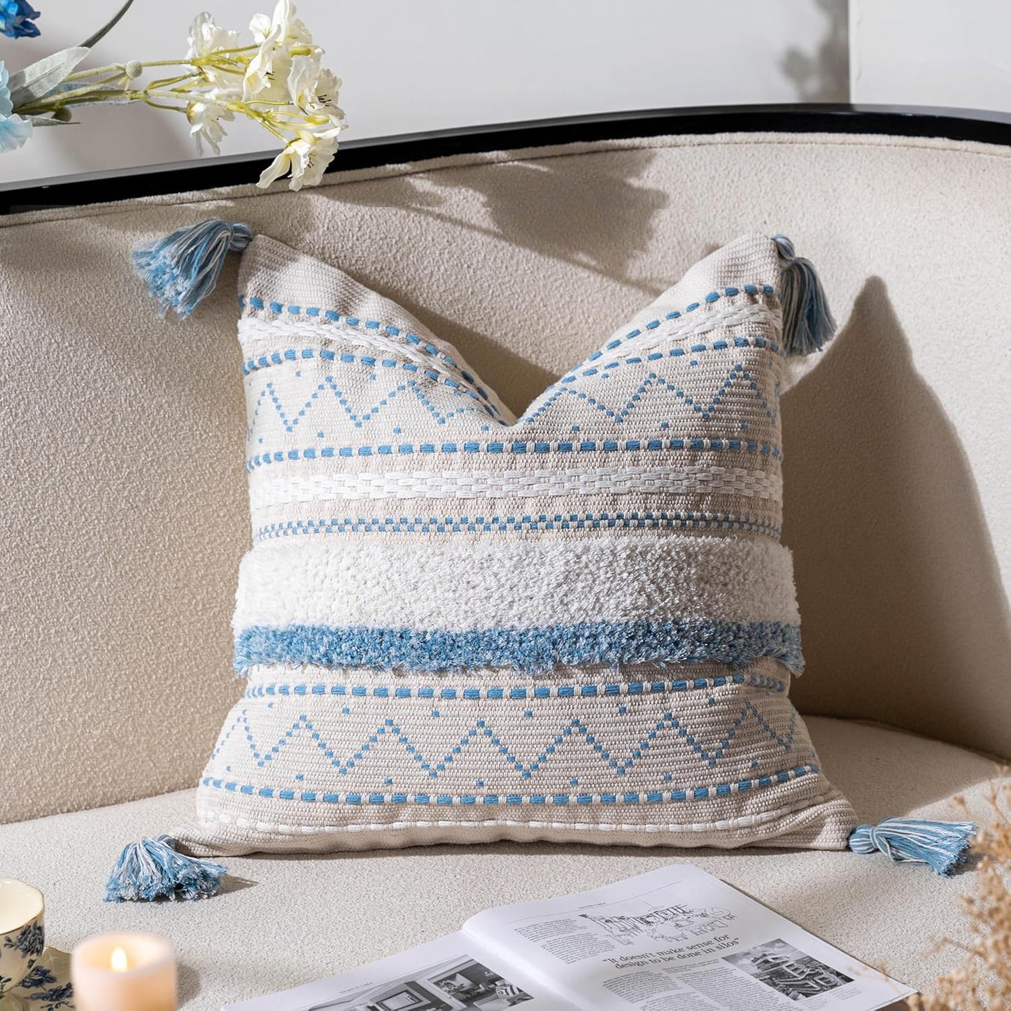 Decorative Throw Pillow Cover 20x20 Square Cream Neutral White Boho Accent Pillowcase Tassels Farmhouse Cushion for Couch Sofa Bedroom Living Room Home Décor (Cover ONLY, Pack of 1)