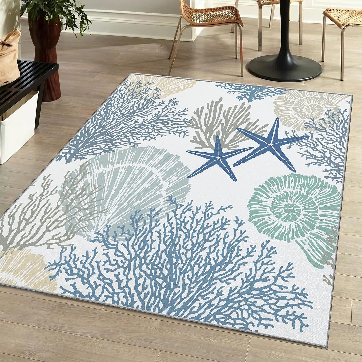 Tritard Coastal Area Rugs Nautical Beach Themed Non-Slip Machine Washable Rugs Modern Floor Carpet for Living Room Bedroom, 4x6, Blue