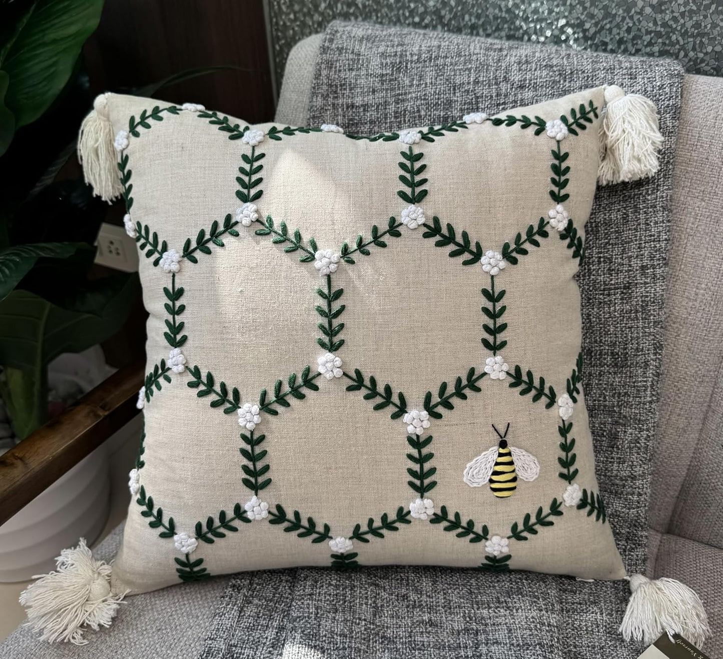 Hand Embroidered Gomet Flower Decorative Square Accent Throw Pillow Cover - Pillowcase for Living Room Sofa, Couch, Bedroom - Chair Cushion Cover - 20x20, Ivory