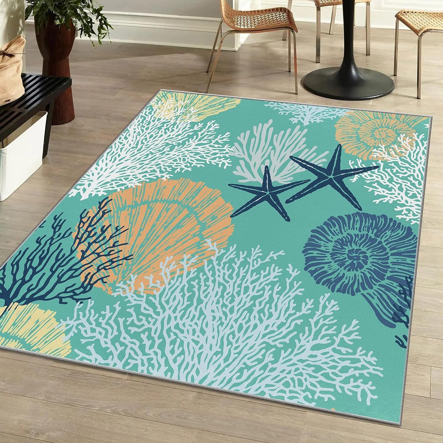 Tritard Coastal Area Rugs Nautical Beach Themed Non-Slip Machine Washable Rugs Modern Floor Carpet for Living Room Bedroom, 4x6, Blue