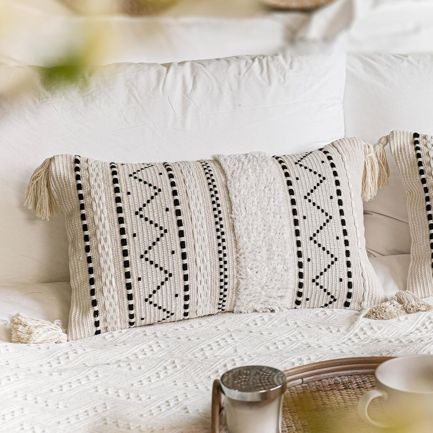 Decorative Throw Pillow Cover 20x20 Square Cream Neutral White Boho Accent Pillowcase Tassels Farmhouse Cushion for Couch Sofa Bedroom Living Room Home Décor (Cover ONLY, Pack of 1)