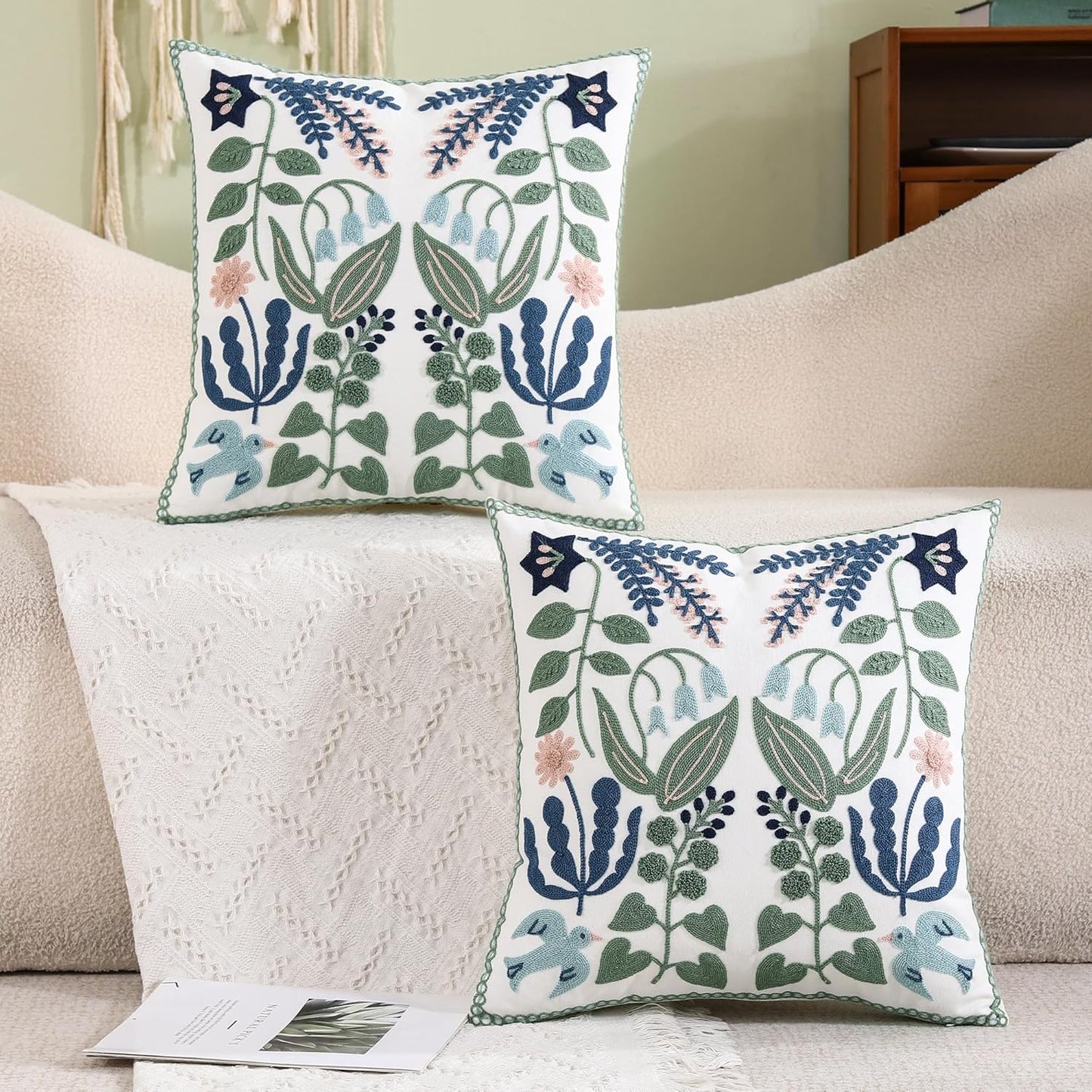 Tosleo Flower Embroidered Throw Pillow Covers 18x18 inch Pack of 2 Green Leaves with Birds Floral Pillowcases Farmhouse Decorative Coastal Pillow Cushion Cases Square Navy Blue Flower Pillow Case