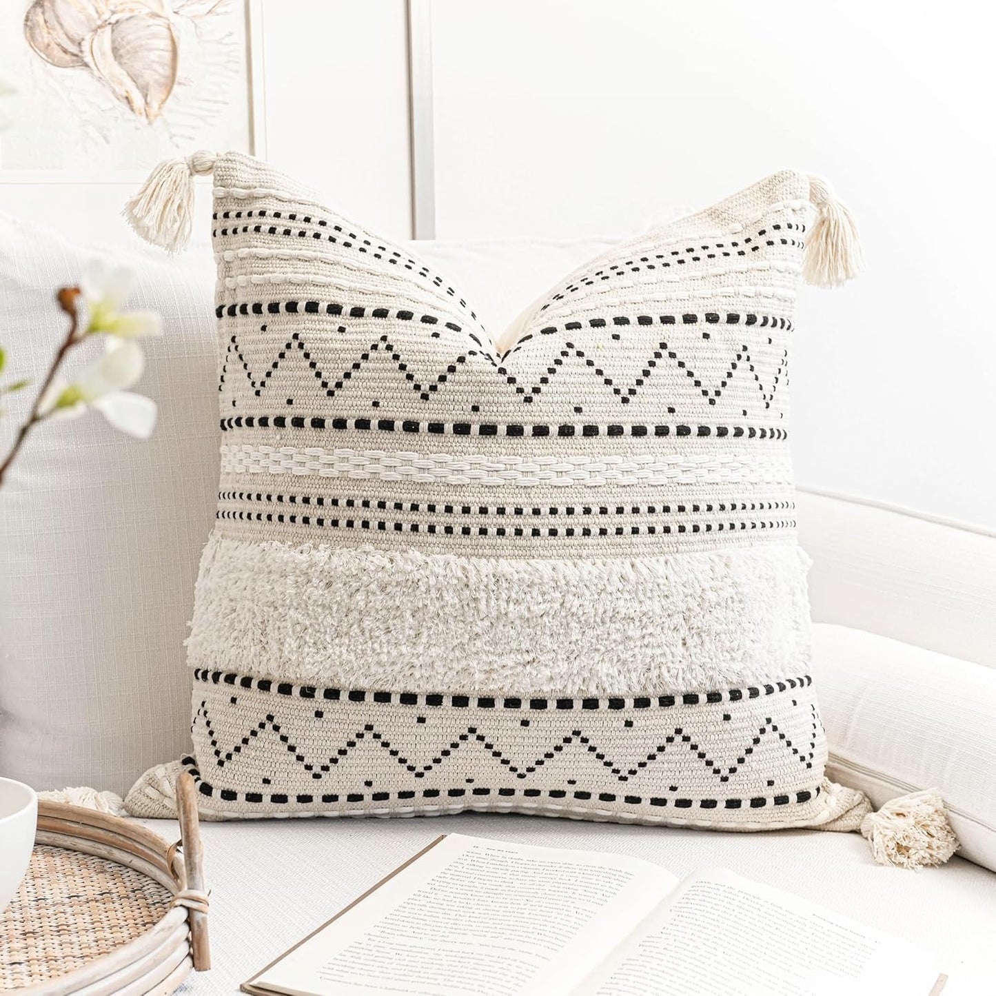 Decorative Throw Pillow Cover 20x20 Square Cream Neutral White Boho Accent Pillowcase Tassels Farmhouse Cushion for Couch Sofa Bedroom Living Room Home Décor (Cover ONLY, Pack of 1)