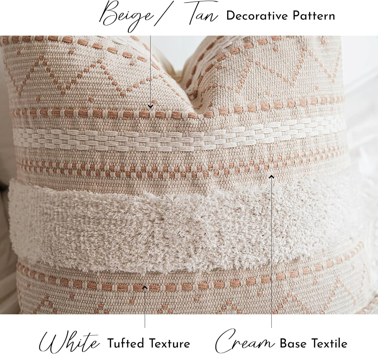 Decorative Throw Pillow Cover 20x20 Square Cream Neutral White Boho Accent Pillowcase Tassels Farmhouse Cushion for Couch Sofa Bedroom Living Room Home Décor (Cover ONLY, Pack of 1)