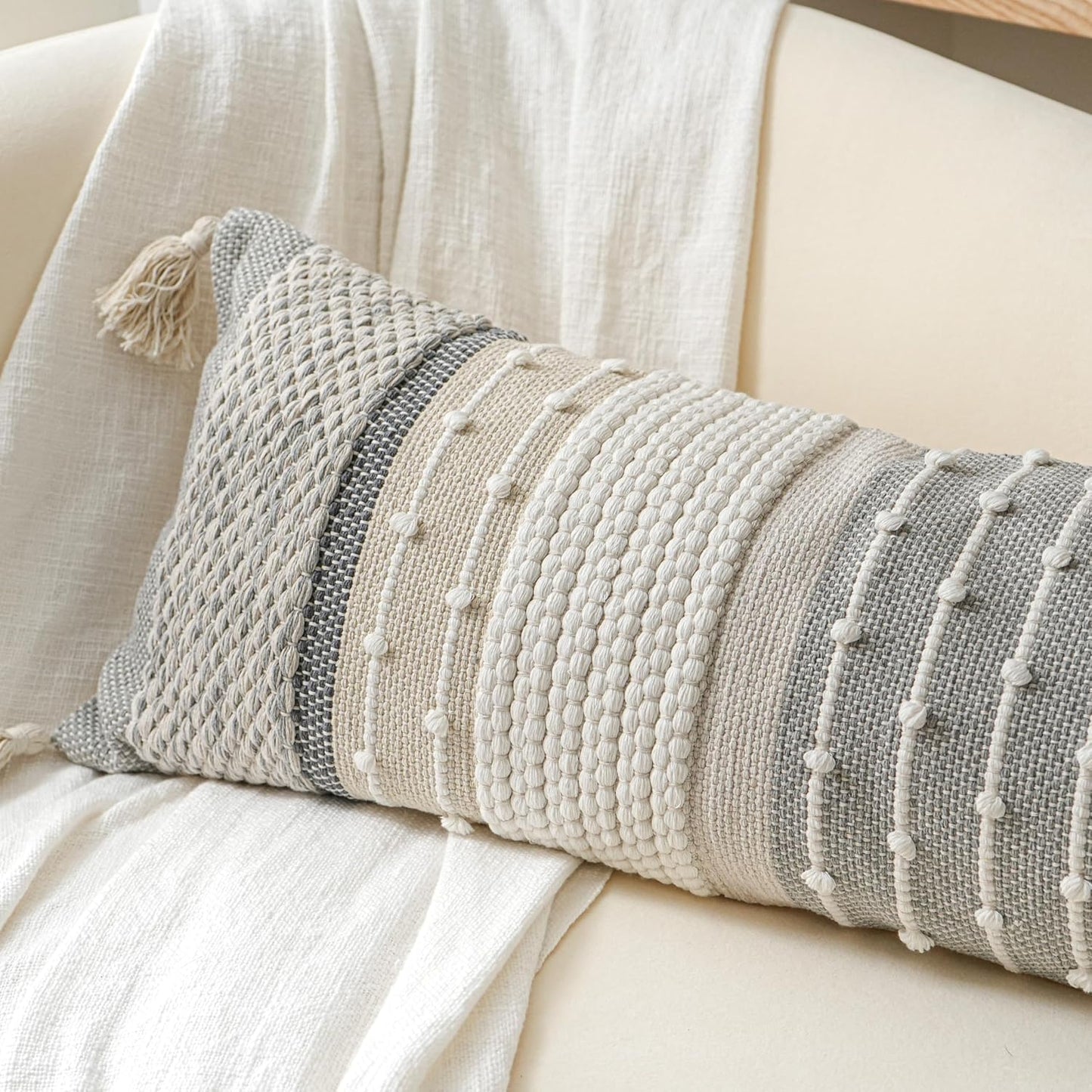 Gray Boho Lumbar Throw Pillow Cover 14x36 Grey Accent Long Body Lumbar Pillow for Bed Decorative Modern Bohemian Woven Textured Lumbar Pillow for Bed Cover ONLY