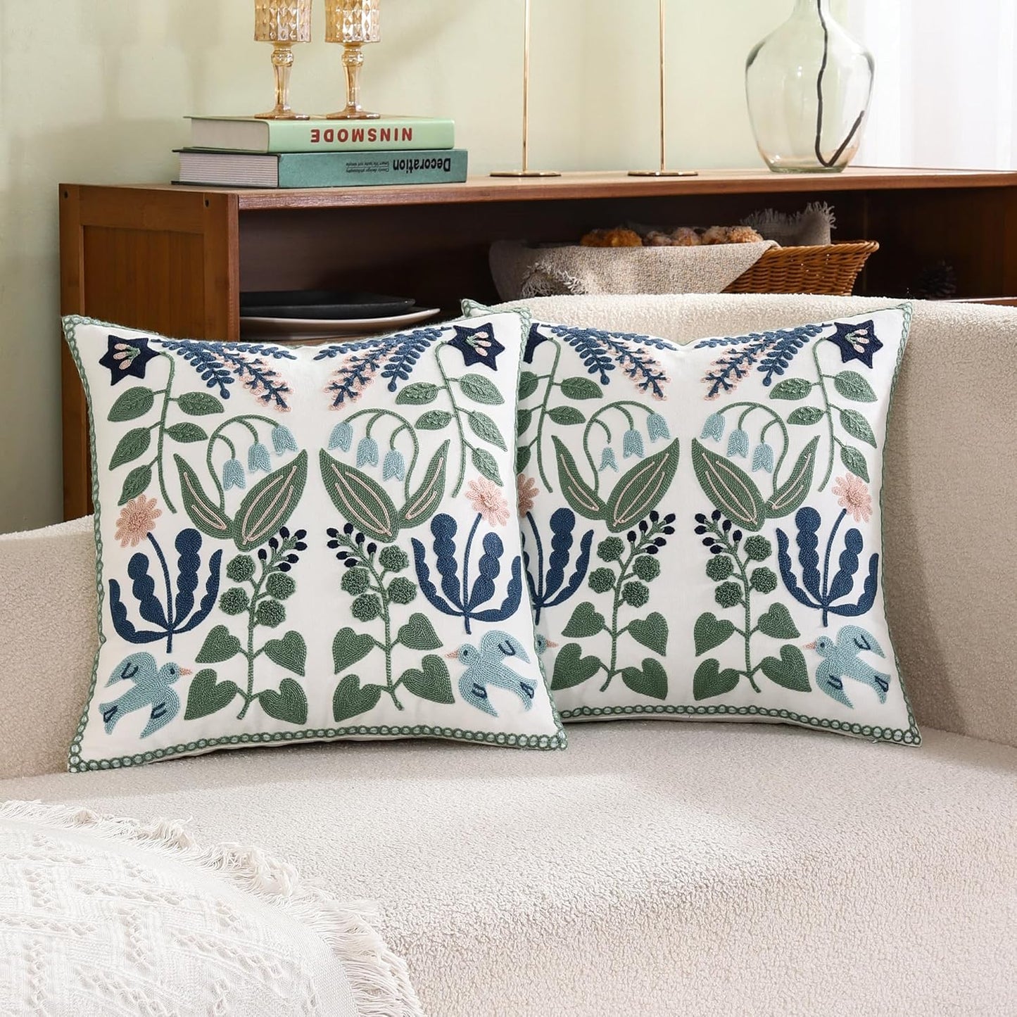 Tosleo Flower Embroidered Throw Pillow Covers 18x18 inch Pack of 2 Green Leaves with Birds Floral Pillowcases Farmhouse Decorative Coastal Pillow Cushion Cases Square Navy Blue Flower Pillow Case