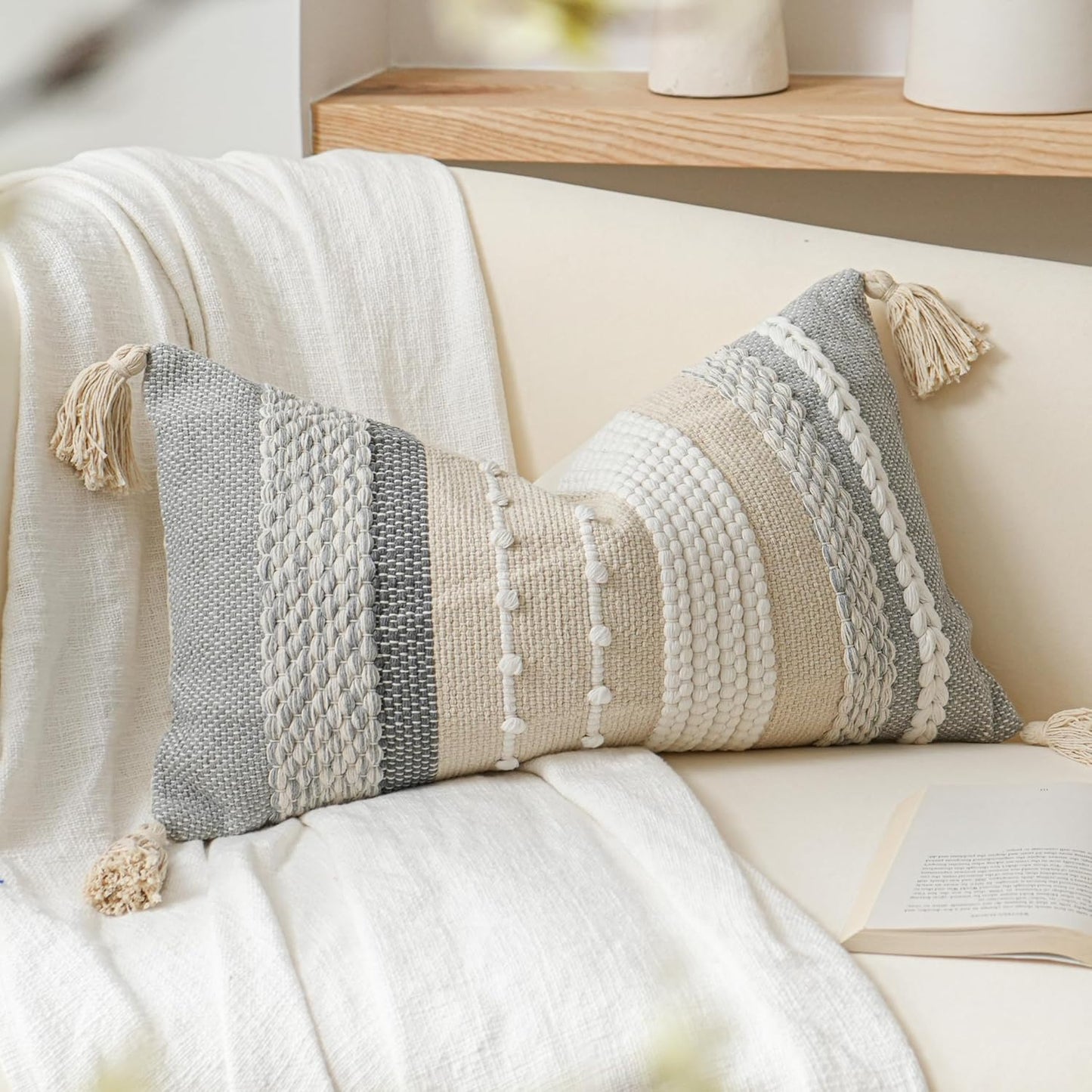 Gray Boho Lumbar Throw Pillow Cover 14x36 Grey Accent Long Body Lumbar Pillow for Bed Decorative Modern Bohemian Woven Textured Lumbar Pillow for Bed Cover ONLY