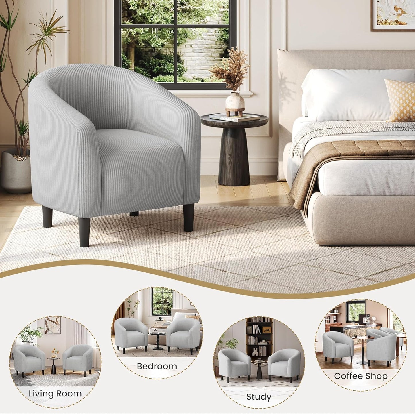 Yaheetech Accent Barrel Chair, Corduroy Fabric Club Chair, Furry Sherpa Elegant Armchair with Cozy Soft Padded for Living Room Bedroom Reception Room Office, Set of 2, Light Gray