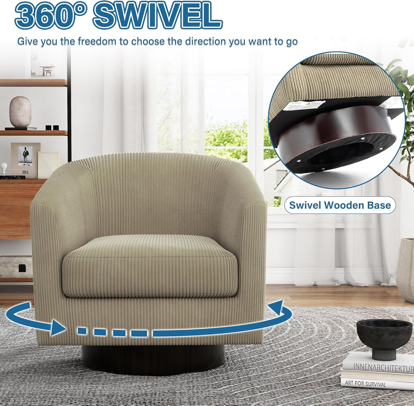 UIXE Swivel Accent Chairs Set of 2, Corduroy Barrel Club Chair Upholstered Armchair for Living Room, Round Arm Chair Bedroom Single Sofa Reading Seat - Camel