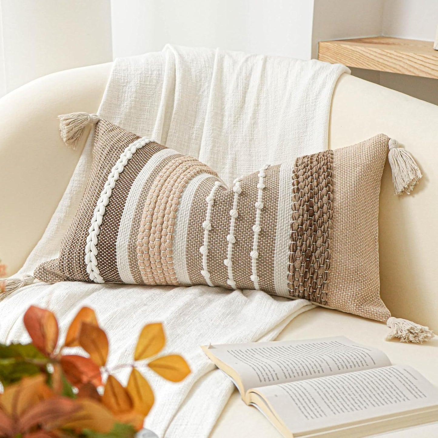 Gray Boho Lumbar Throw Pillow Cover 14x36 Grey Accent Long Body Lumbar Pillow for Bed Decorative Modern Bohemian Woven Textured Lumbar Pillow for Bed Cover ONLY