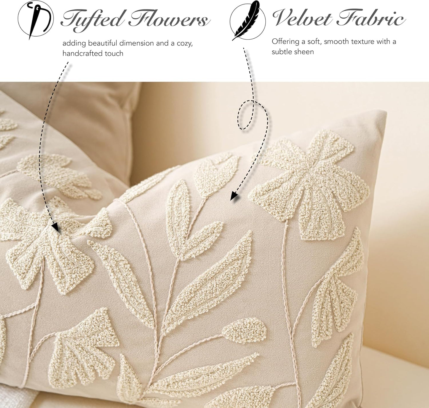 Cream Velvet Floral Decorative Lumbar Throw Pillow Cover 12X20, Flower Tufted Soft Farmhouse Textured Pillowcase, Accent Pillowcase for Couch Sofa Bed Living Room