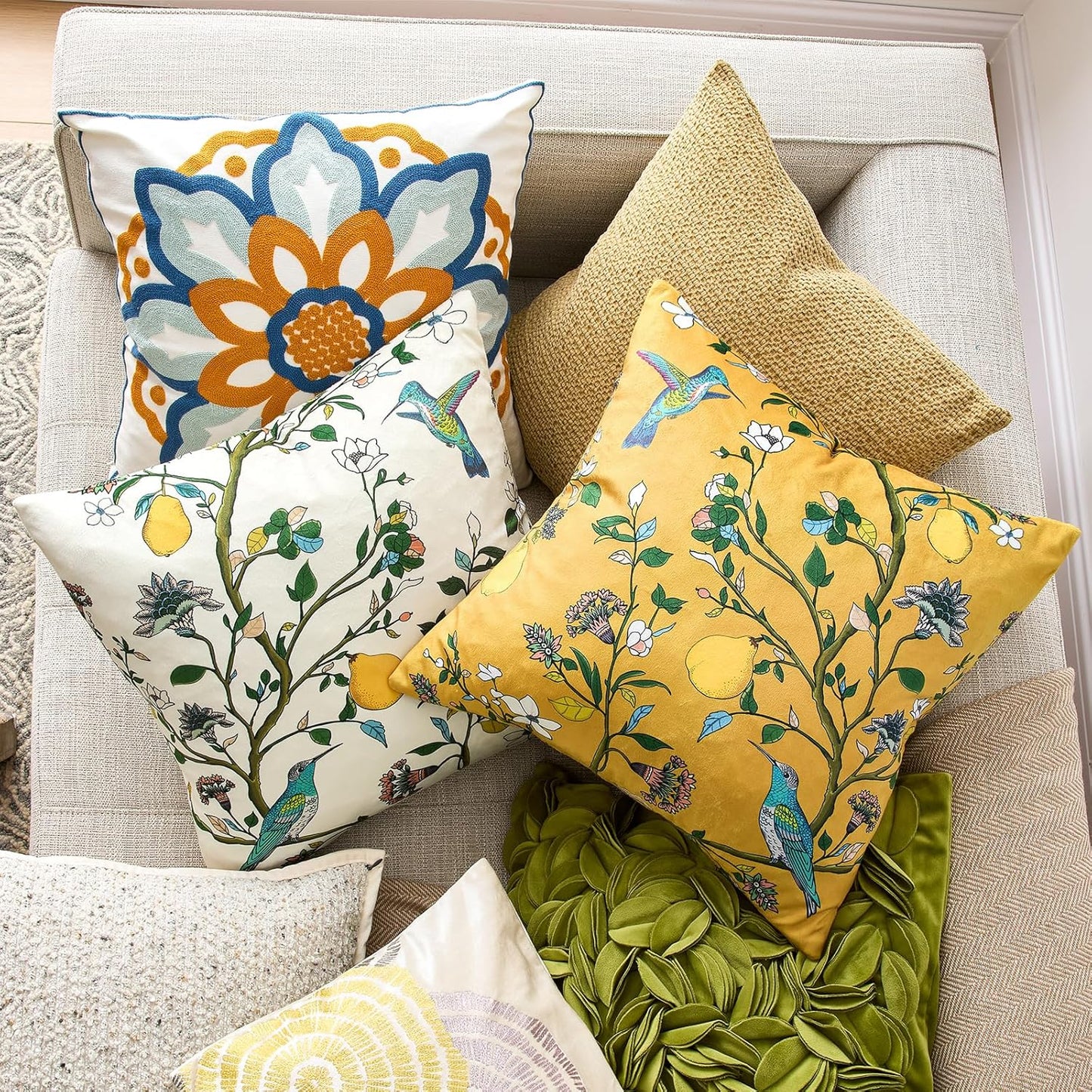 MUSSEL Mustard Yellow Floral Pillow Covers 18x18 Set of 2, Velvet Wild Flower Plant Throw Pillows Case, Square Farmhouse Decor Cushion Covers for Home Sofa Bed Couch