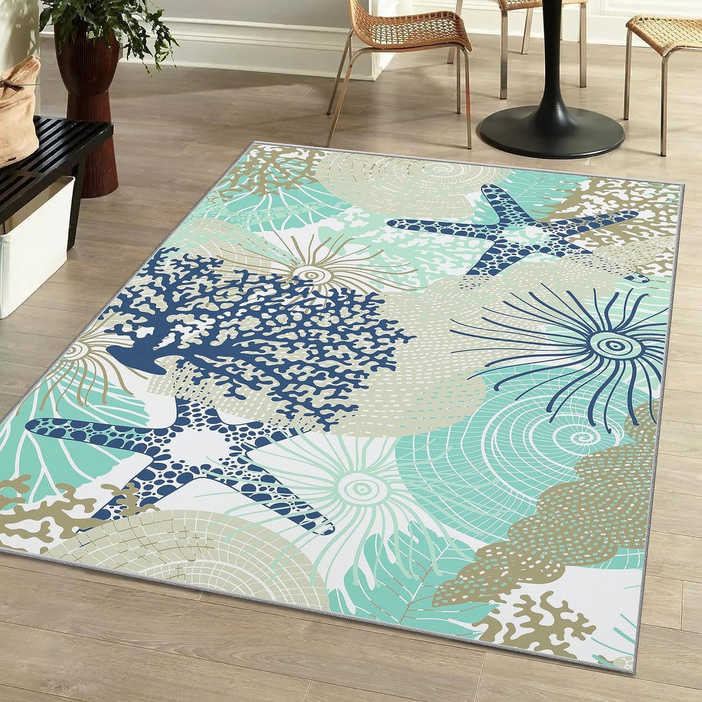 Tritard Coastal Area Rugs Nautical Beach Themed Non-Slip Machine Washable Rugs Modern Floor Carpet for Living Room Bedroom, 4x6, Blue