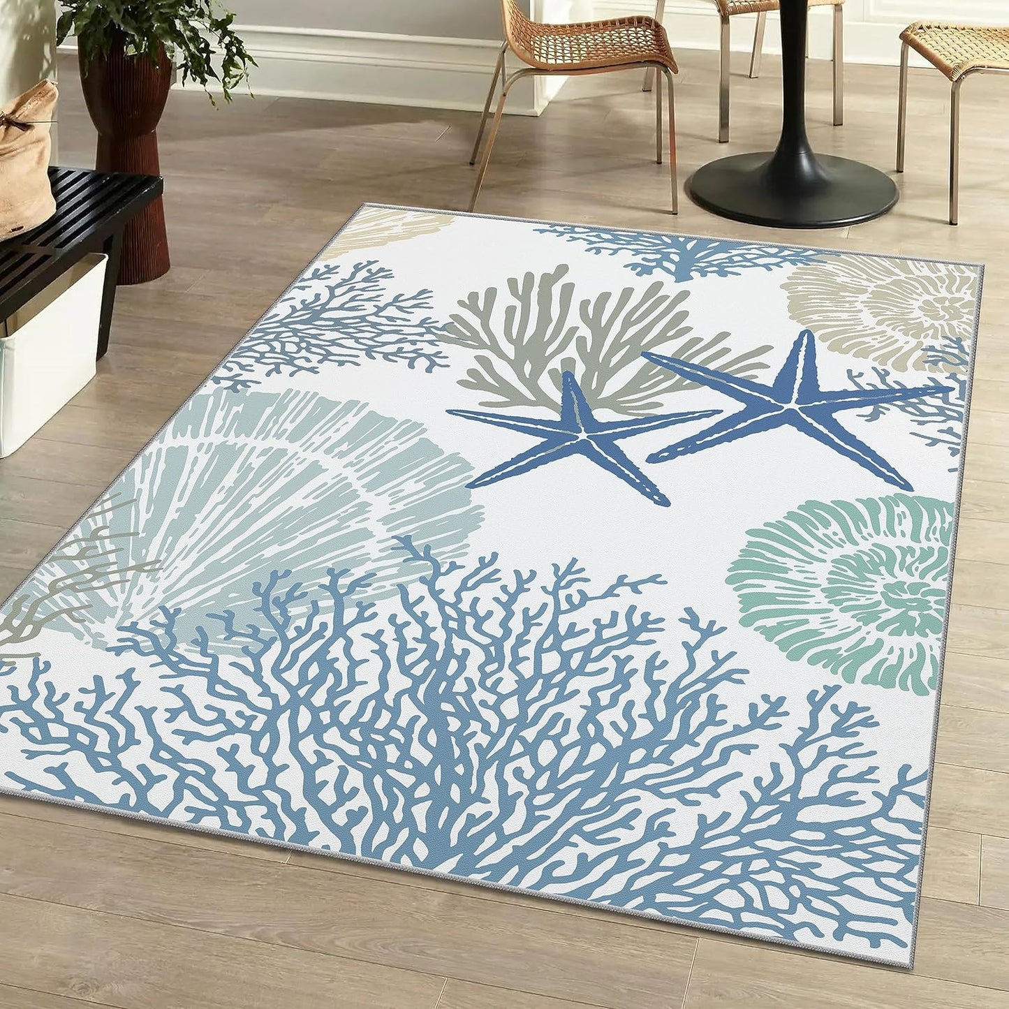 Tritard Coastal Area Rugs Nautical Beach Themed Non-Slip Machine Washable Rugs Modern Floor Carpet for Living Room Bedroom, 4x6, Blue