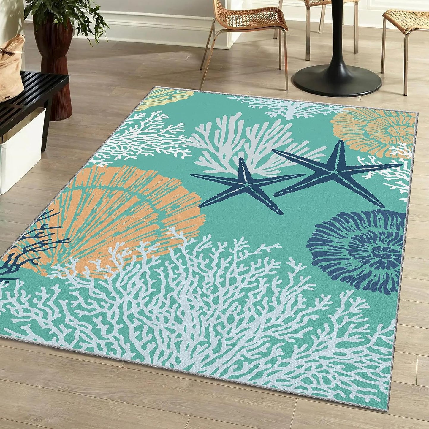 Tritard Coastal Area Rugs Nautical Beach Themed Non-Slip Machine Washable Rugs Modern Floor Carpet for Living Room Bedroom, 4x6, Blue