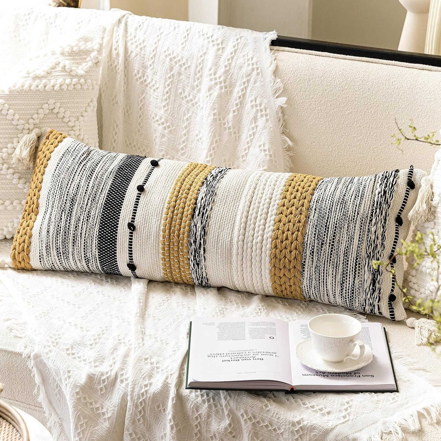 Gray Boho Lumbar Throw Pillow Cover 14x36 Grey Accent Long Body Lumbar Pillow for Bed Decorative Modern Bohemian Woven Textured Lumbar Pillow for Bed Cover ONLY