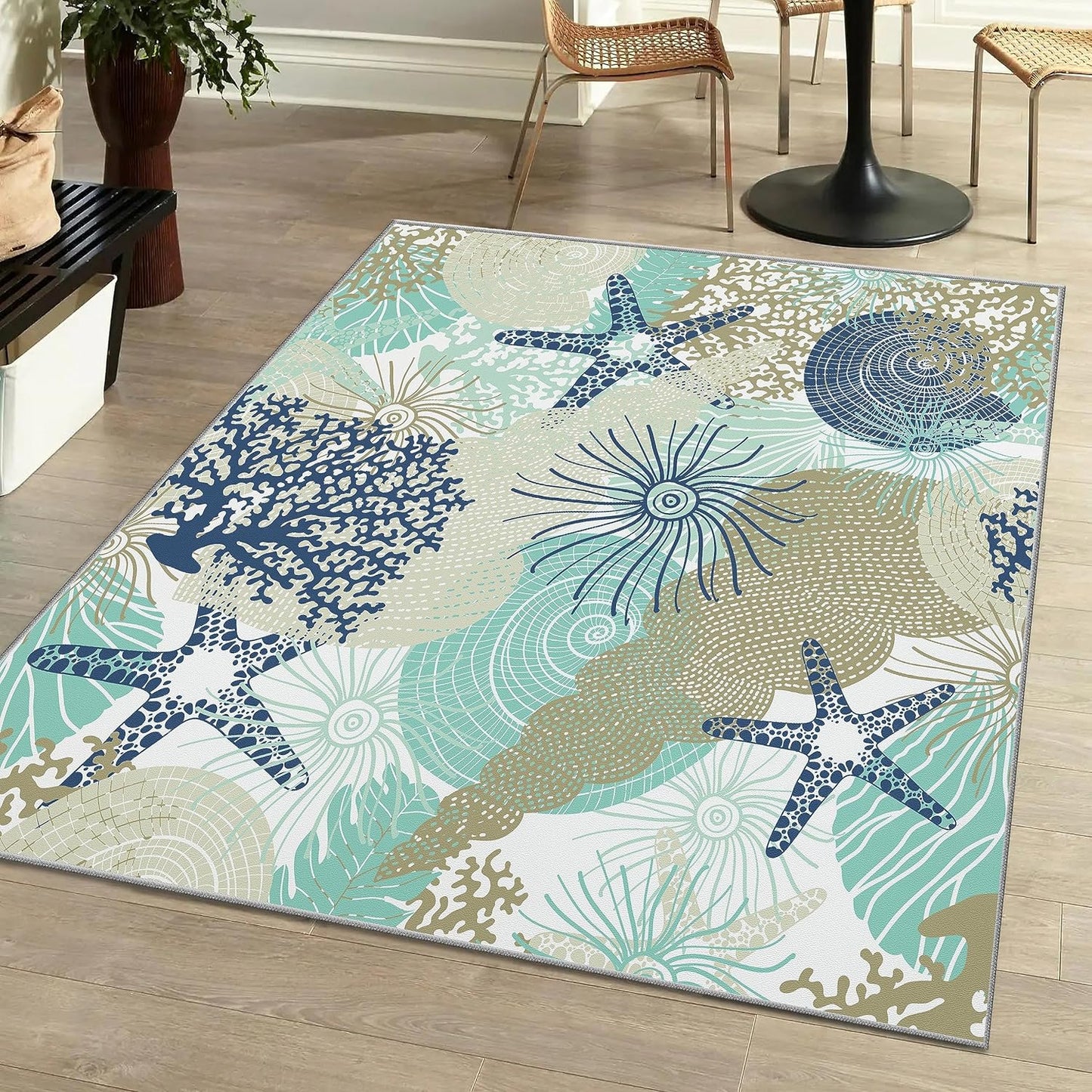 Tritard Coastal Area Rugs Nautical Beach Themed Non-Slip Machine Washable Rugs Modern Floor Carpet for Living Room Bedroom, 4x6, Blue