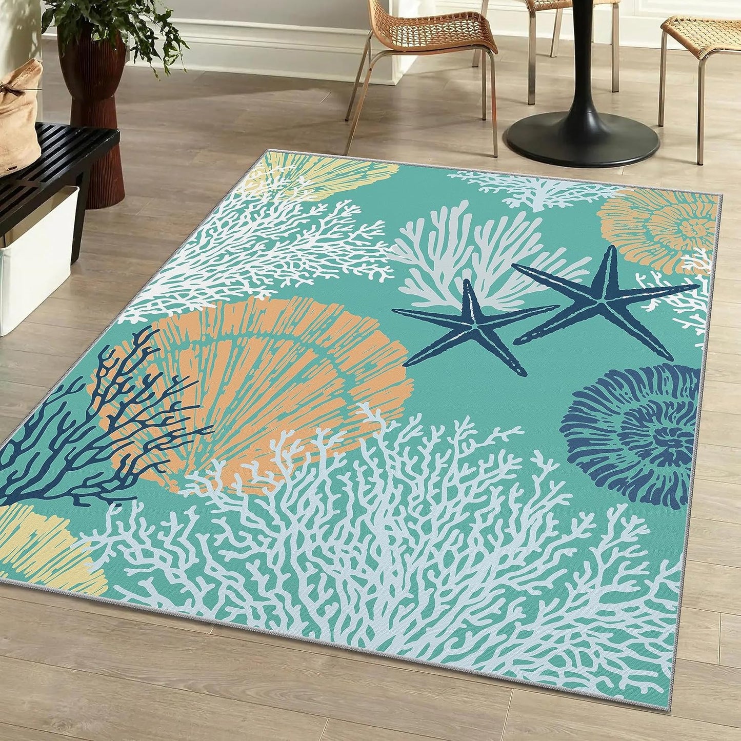 Tritard Coastal Area Rugs Nautical Beach Themed Non-Slip Machine Washable Rugs Modern Floor Carpet for Living Room Bedroom, 4x6, Blue