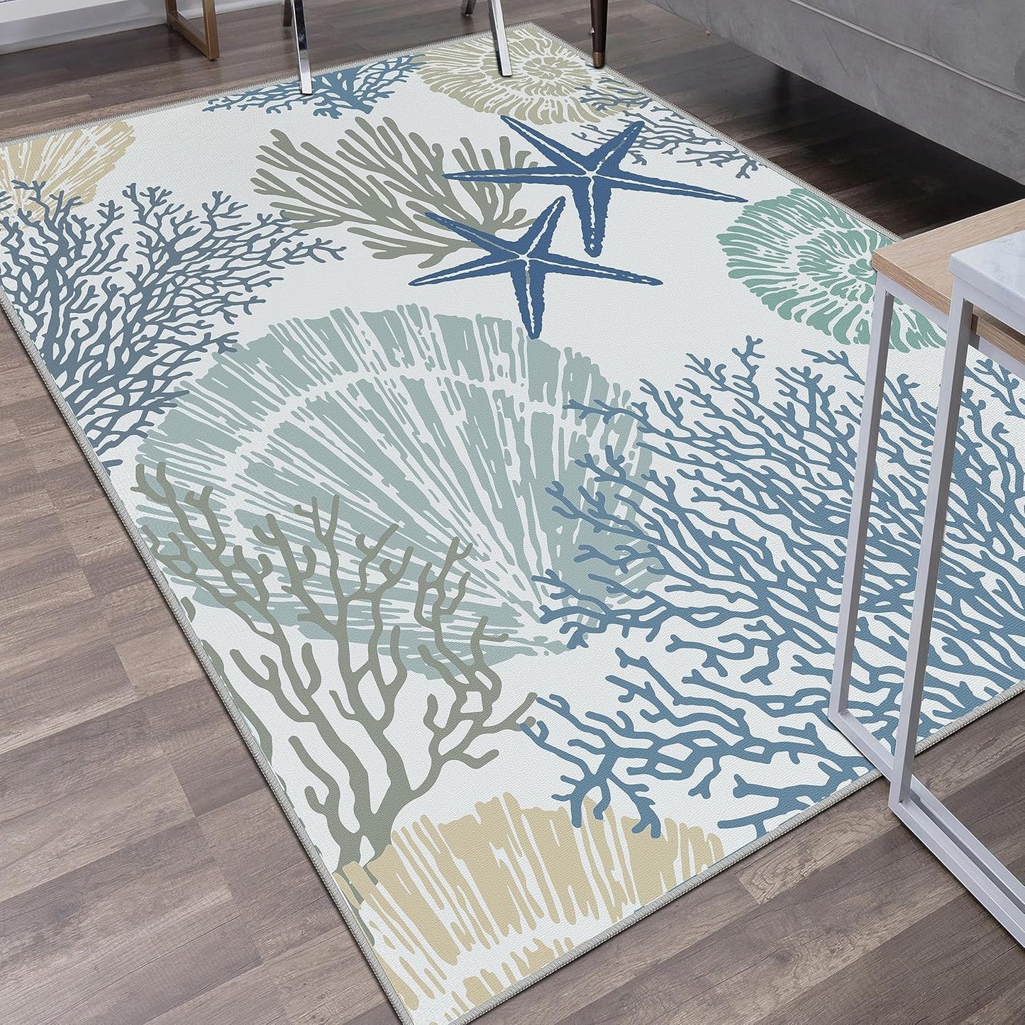 Tritard Coastal Area Rugs Nautical Beach Themed Non-Slip Machine Washable Rugs Modern Floor Carpet for Living Room Bedroom, 4x6, Blue