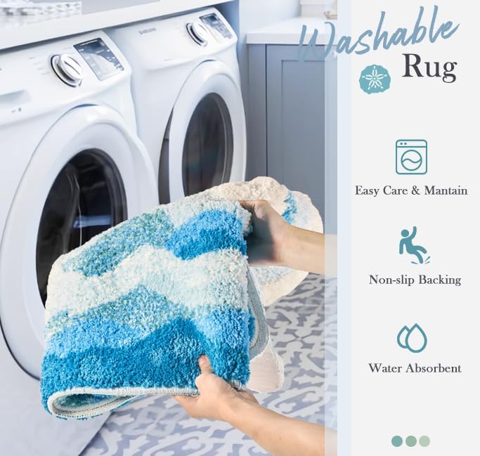 Large Ocean Sea Wave Rug 60"x30", Beach Themed Room Decor Aesthetic, Beachy Decor for Bedroom Nursery Kitchen, Washable Blue Area Rug for Summer Room, Nautical Coastal Room Decor