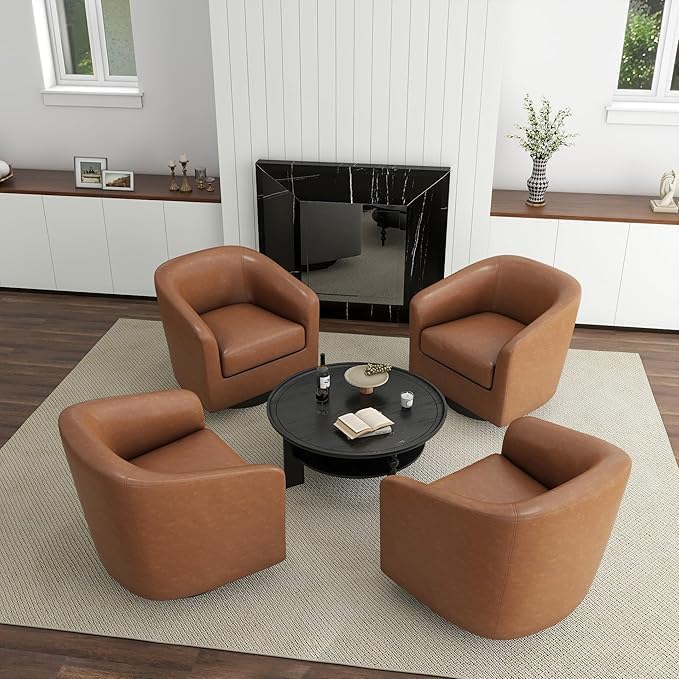 UIXE Swivel Accent Chairs Set of 2, Corduroy Barrel Club Chair Upholstered Armchair for Living Room, Round Arm Chair Bedroom Single Sofa Reading Seat - Camel