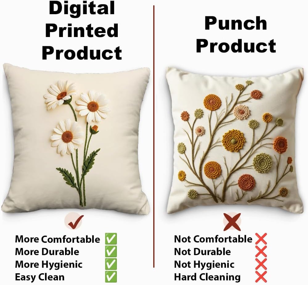 Artvibe Decorative Throw Pillow Covers with Embroidered Daisy Pattern, Italian Velvet Fabric, Hidden Zipper, Machine Washable, 2-Piece Set, Cream
