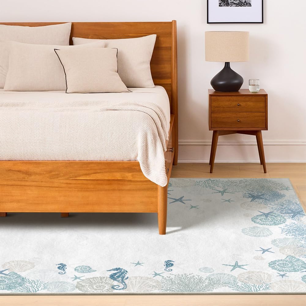 Artoid Mode Coral Starfish Whelks Summer Area Rug, Seasonal Home Decor Low-Profile Washable Area Rugs for Bedroom Living Room Laundry Room Dining Room Kids Nursery Indoor 5x7 Feet
