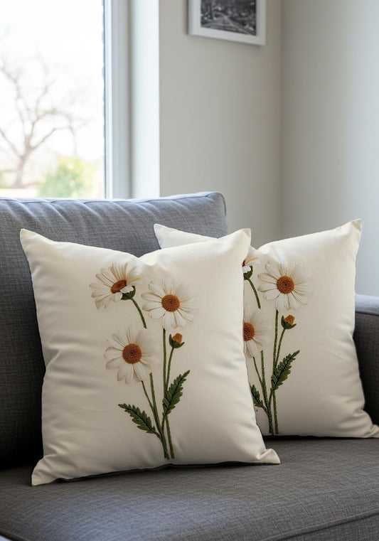 Artvibe Decorative Throw Pillow Covers with Embroidered Daisy Pattern, Italian Velvet Fabric, Hidden Zipper, Machine Washable, 2-Piece Set, Cream