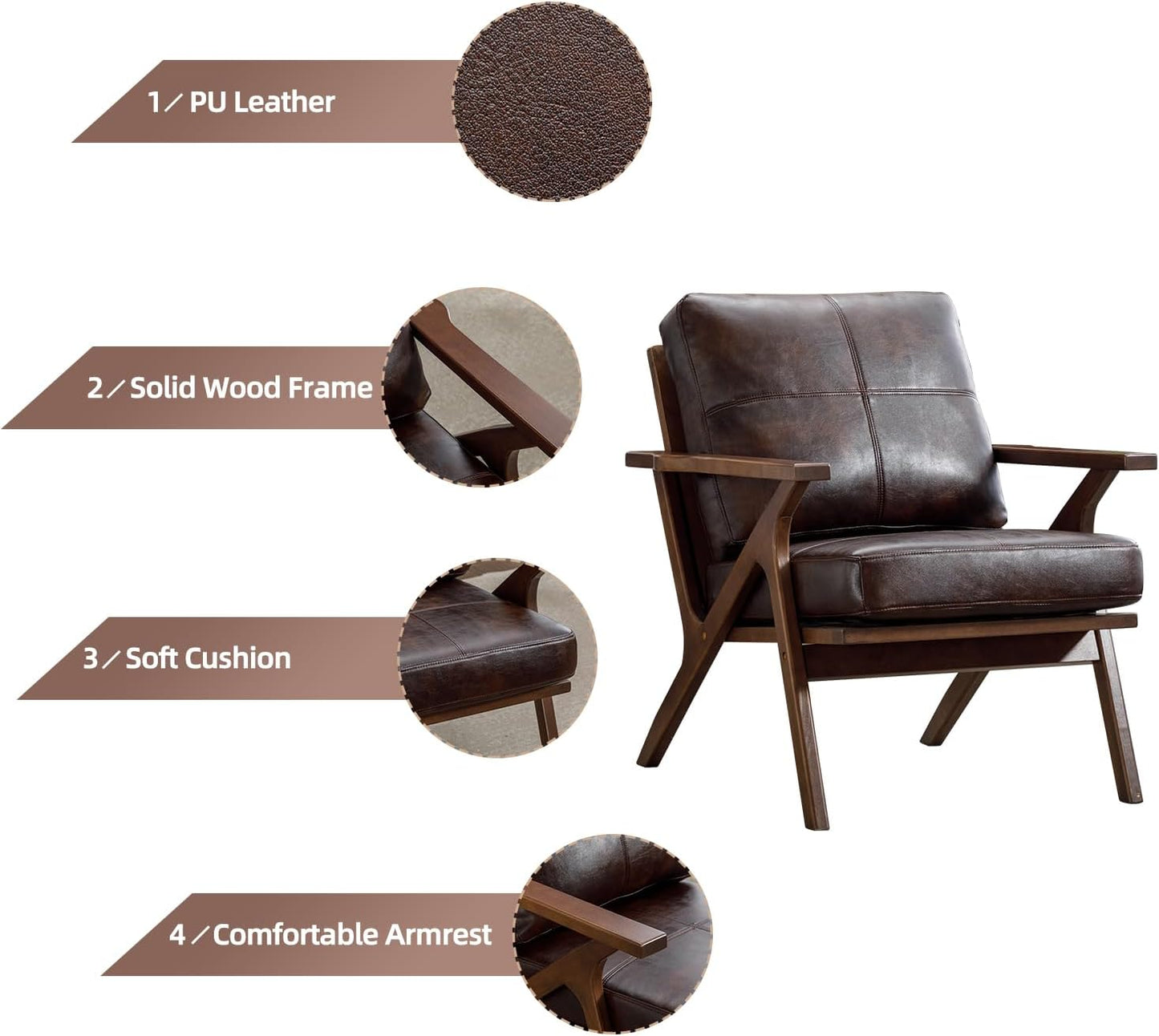 INZOY Mid-Century Modern Accent Chair with Wood Frame, PU Leather Living Room Chair and Soft Thick Padded Armchair for Living Room Bedroom Reception with Removable Upholstered Cushions, Brown