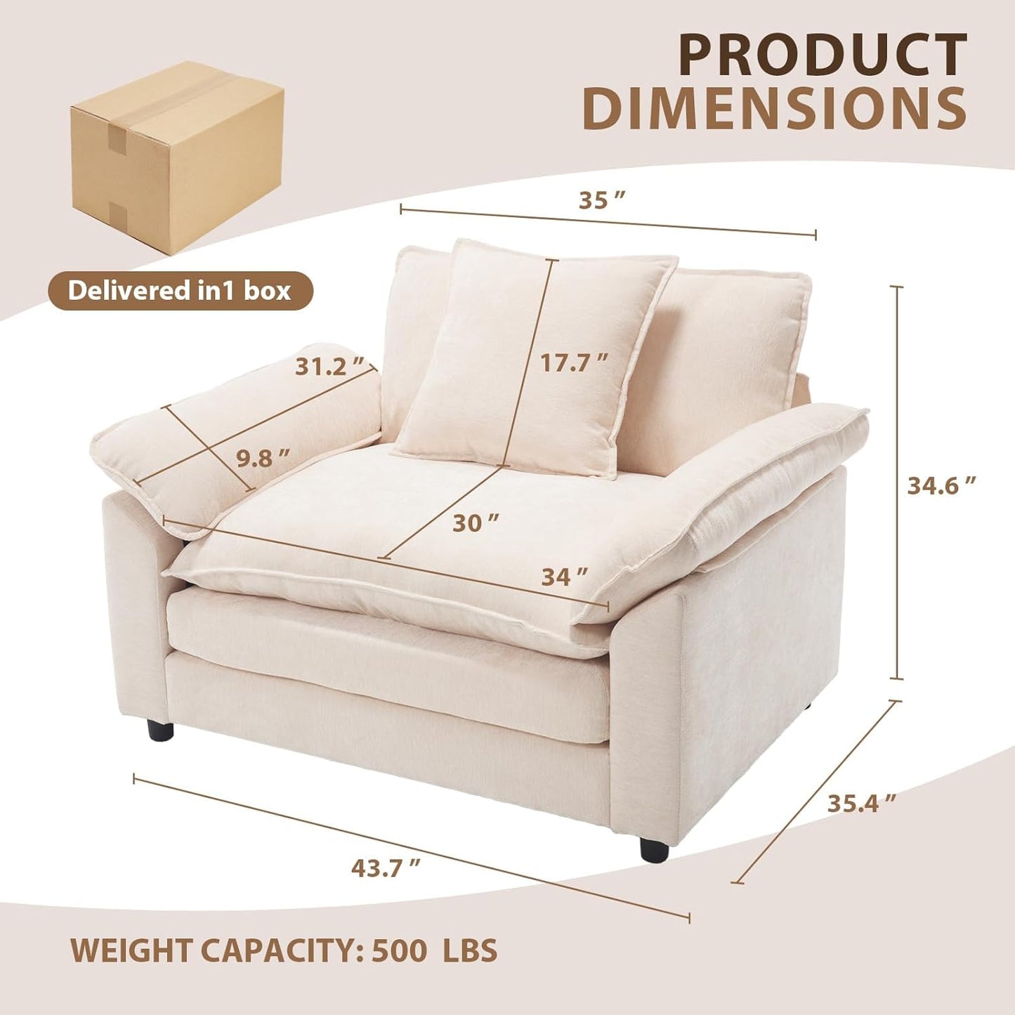 Chenille Oversized Accent Chair with Ottoman, Comfy Single Sofa Chair Armchair with Large Seat and Extra Wide Armrests, Modern Reading Chairs for Bedroom, Living Room,Beige