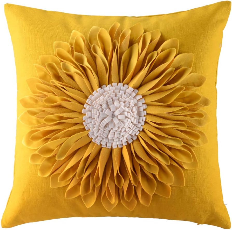 3D Sunflower Handmade Throw Pillow Covers Decorative Floral Pillowcases Cushion Covers for Couch Living Room Home Decor Creamy White 18x18 Inches
