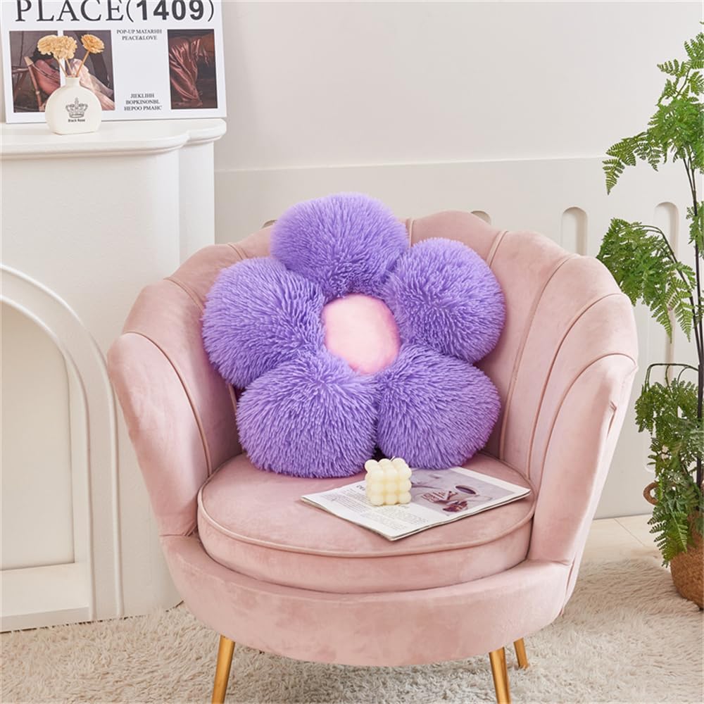 Faux Fur Pillow,Flower Shaped Throw Pillow Butt Cushion Flower Floor Pillow,Seating Cushion,Cute Room Decor & Plush Pillow for Bedroom Sofa Chair (19.7 Inches, Rainbow Purple)