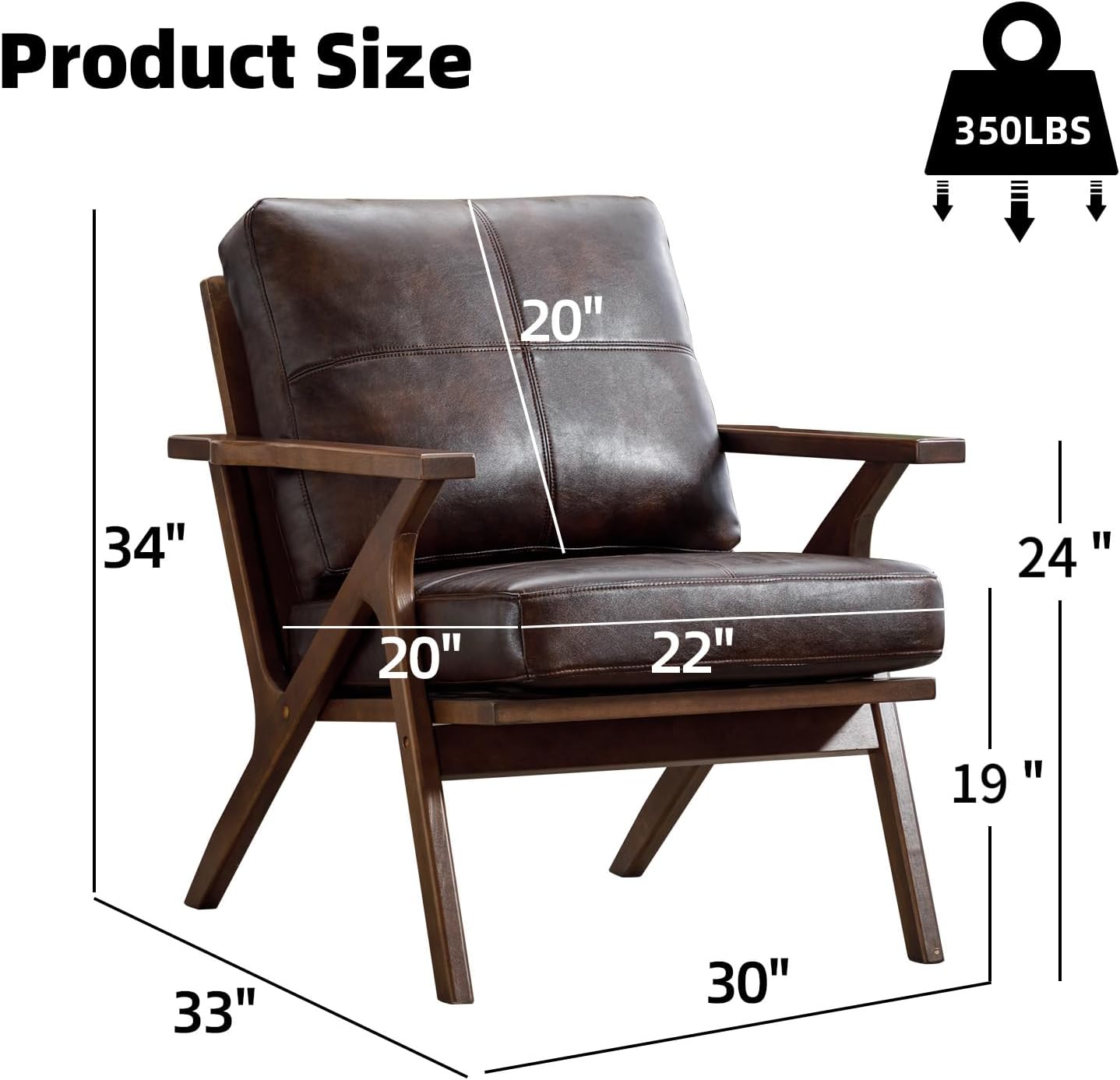 INZOY Mid-Century Modern Accent Chair with Wood Frame, PU Leather Living Room Chair and Soft Thick Padded Armchair for Living Room Bedroom Reception with Removable Upholstered Cushions, Brown