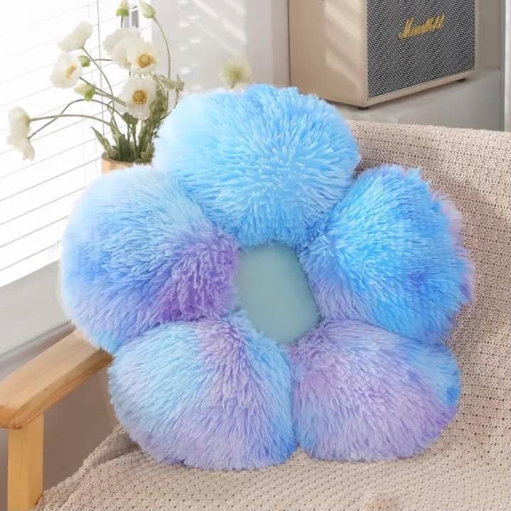 Faux Fur Pillow,Flower Shaped Throw Pillow Butt Cushion Flower Floor Pillow,Seating Cushion,Cute Room Decor & Plush Pillow for Bedroom Sofa Chair (19.7 Inches, Rainbow Purple)