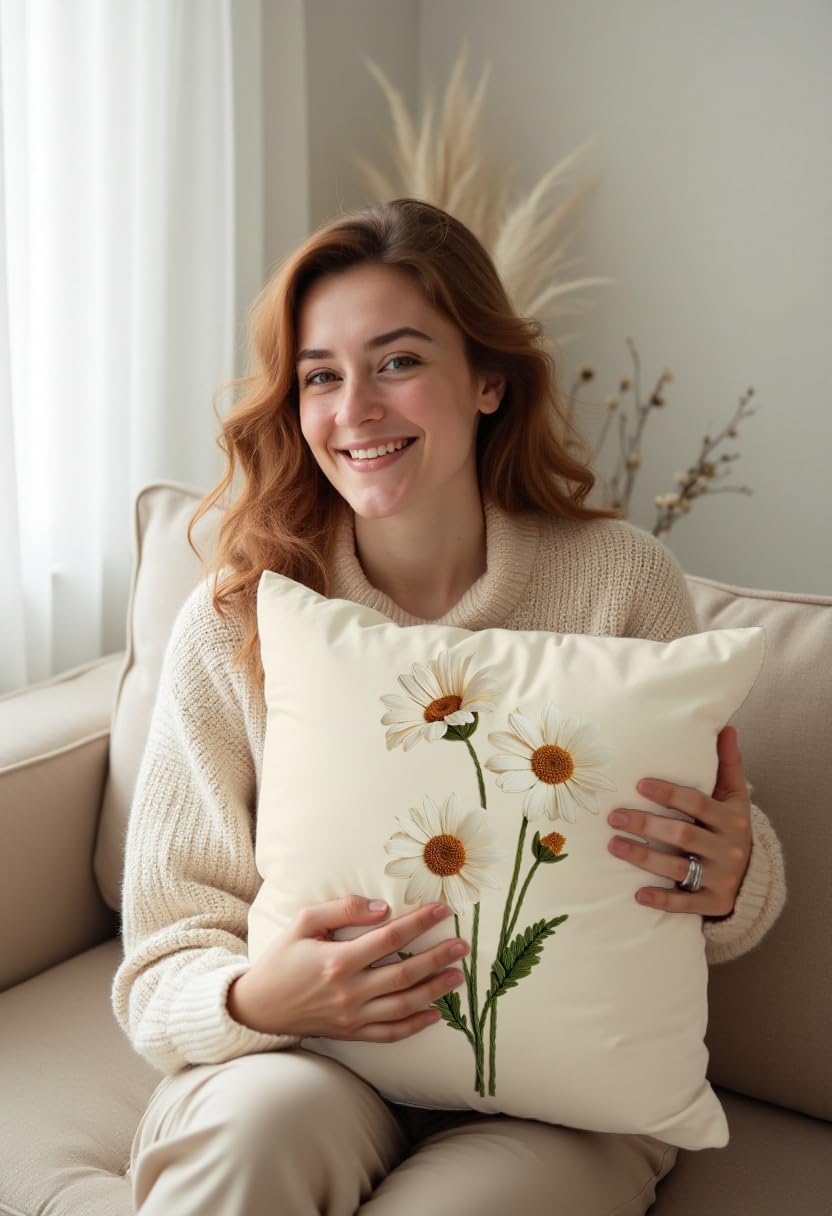 Artvibe Decorative Throw Pillow Covers with Embroidered Daisy Pattern, Italian Velvet Fabric, Hidden Zipper, Machine Washable, 2-Piece Set, Cream