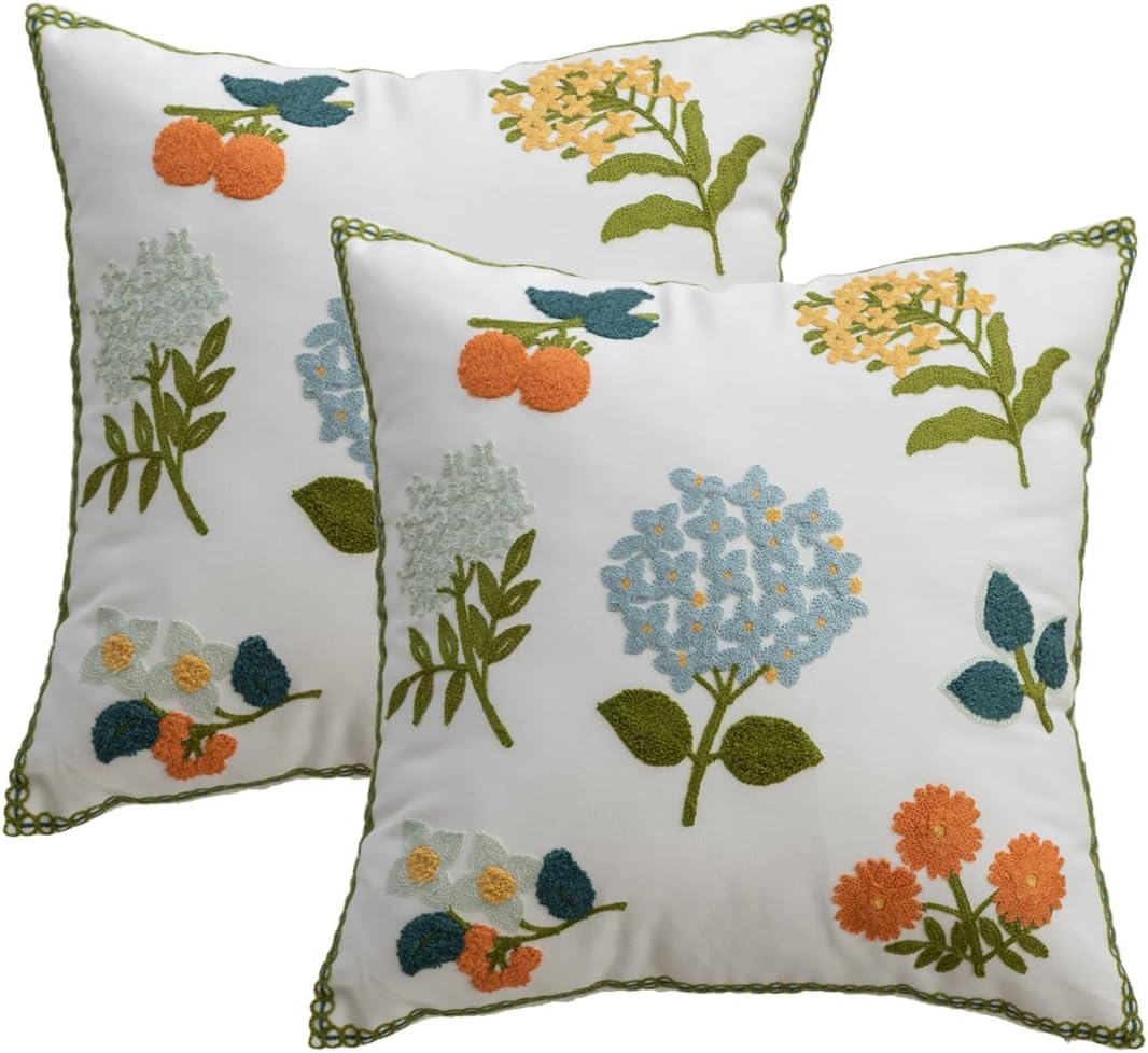 YIcabinet Pillow Covers Set of 2, Embroidered Flower Pattern Throw Pillow Cover,Square Cotton Cushion,Pillow Case for Sofa Bedroom Couch,18"x18"