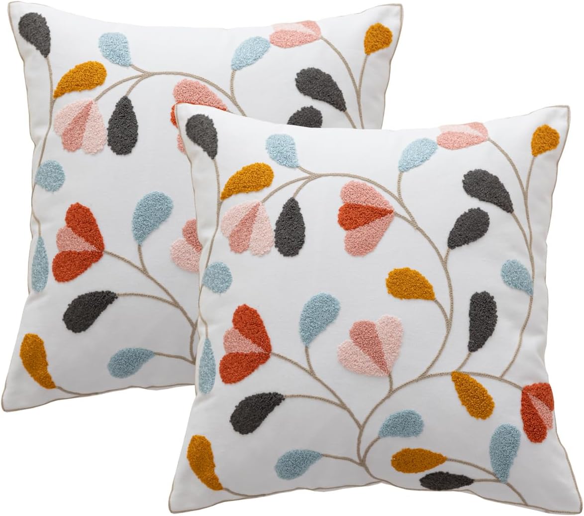 YIcabinet Pillow Covers Set of 2, Embroidered Flower Pattern Throw Pillow Cover,Square Cotton Cushion,Pillow Case for Sofa Bedroom Couch,18"x18"