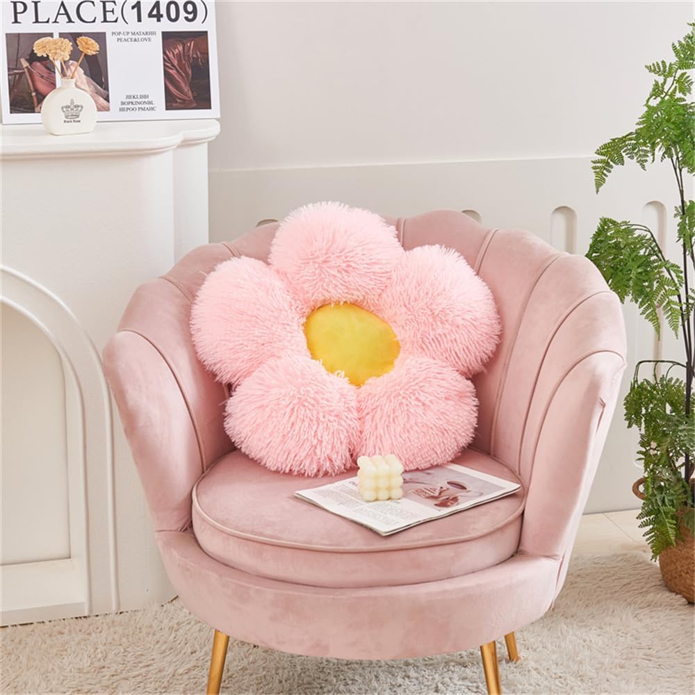 Faux Fur Pillow,Flower Shaped Throw Pillow Butt Cushion Flower Floor Pillow,Seating Cushion,Cute Room Decor & Plush Pillow for Bedroom Sofa Chair (19.7 Inches, Rainbow Purple)