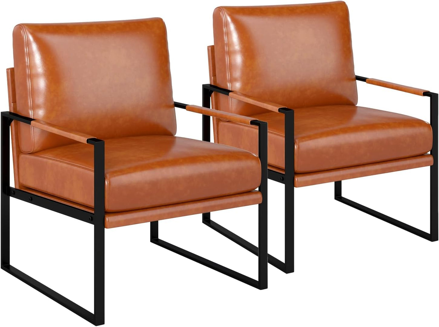 Phoenix Home PU Leather Accent Chair Set of 2, Leisure Metal Framed Armchair with Extra Soft Padded and Cushion, 105 Degree Slant Back, Modern Reading Arm Chair for Living Room/Office/Bedroom, Black