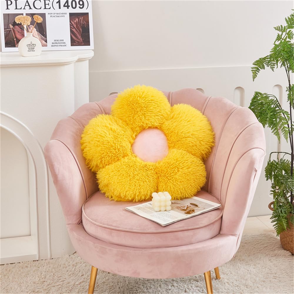 Faux Fur Pillow,Flower Shaped Throw Pillow Butt Cushion Flower Floor Pillow,Seating Cushion,Cute Room Decor & Plush Pillow for Bedroom Sofa Chair (19.7 Inches, Rainbow Purple)
