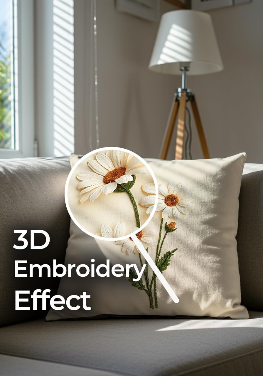 Artvibe Decorative Throw Pillow Covers with Embroidered Daisy Pattern, Italian Velvet Fabric, Hidden Zipper, Machine Washable, 2-Piece Set, Cream