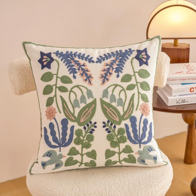 Embroidered Throw Pillow Covers, Pack of 2 Spring Flowers and Swallows Patterned Pillowcases for Couch Sofa Bedroom, Decorative Pillow Covers 18x18 inch(Swallows)
