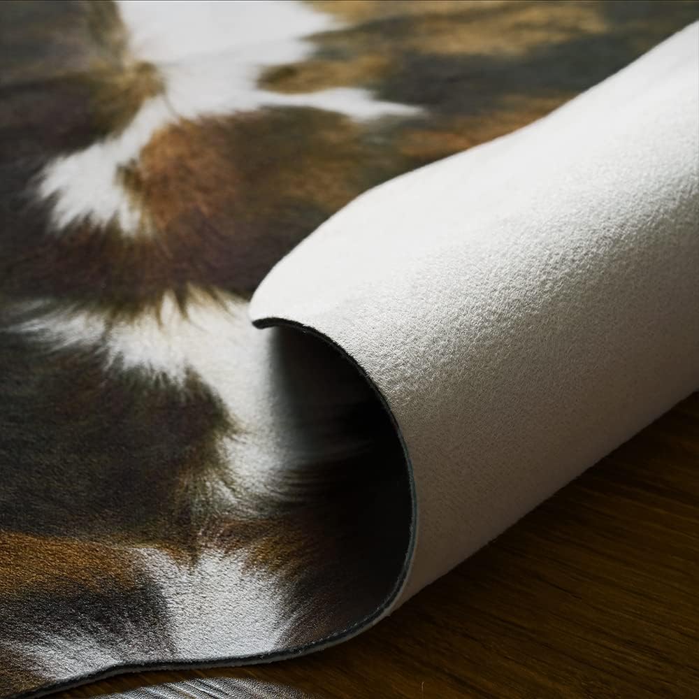 Amearea Faux Cow Hide Rug Large 7×6.2 Feet, Premium Western Home Decor Cow Print Rugs for Living Room, Faux Leather Animal Cowhide Bedroom Carpet, Dining Traditional Cow Pattern Stuff Carpets, Brown
