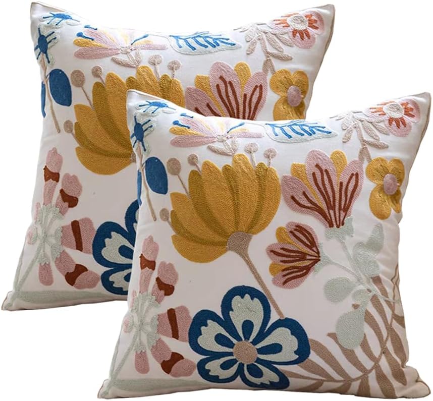 YIcabinet Pillow Covers Set of 2, Embroidered Flower Pattern Throw Pillow Cover,Square Cotton Cushion,Pillow Case for Sofa Bedroom Couch,18"x18"