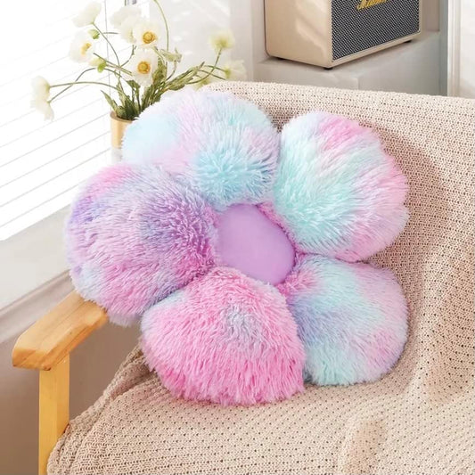 Faux Fur Pillow,Flower Shaped Throw Pillow Butt Cushion Flower Floor Pillow,Seating Cushion,Cute Room Decor & Plush Pillow for Bedroom Sofa Chair (19.7 Inches, Rainbow Purple)