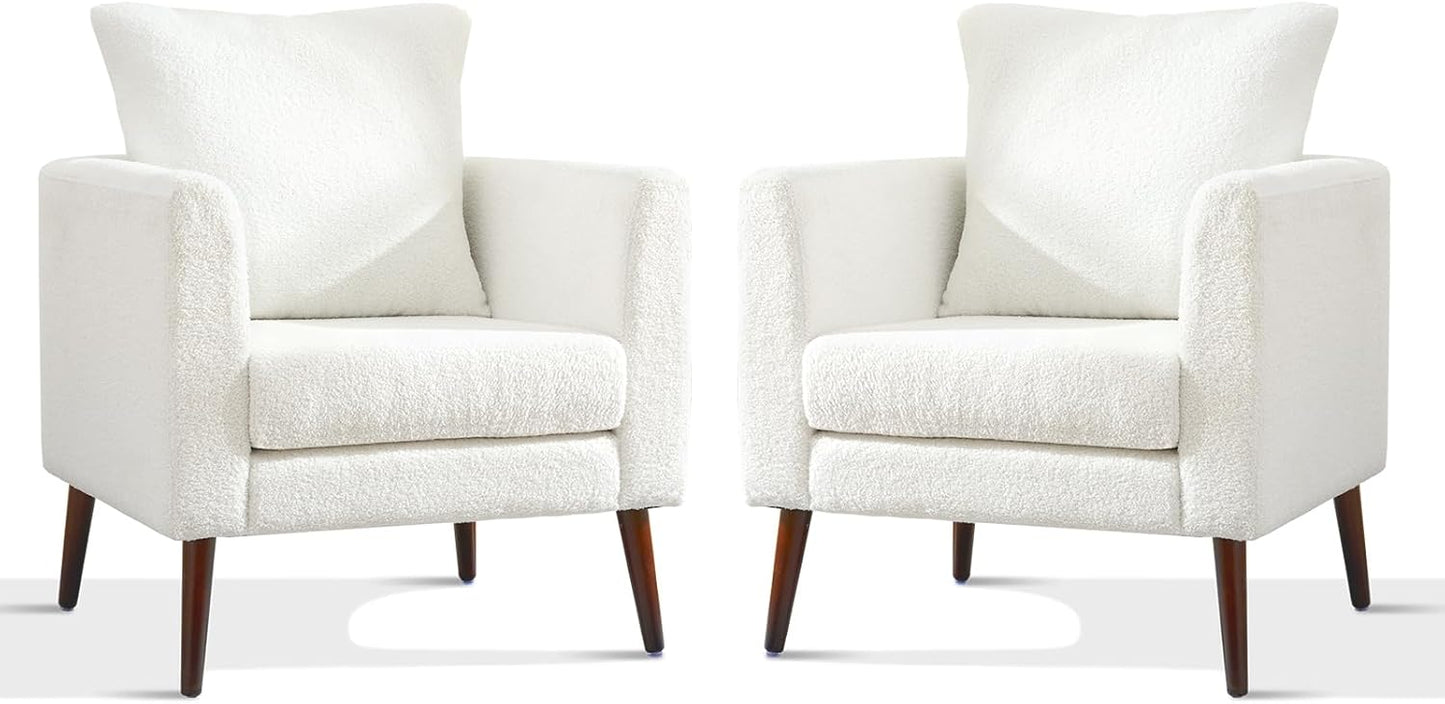 Accent Chairs Set of 2 for Living Room, Chenille Upholstered Mordern Armchair, Comfy Soft Padded Lounge Reading Arm Chair in Small Space, Bedroom, Pillow, Solid Wood Leg, Beige